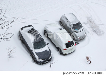Parked cars covered with snow. Snowy storm. Bad weather in the city. Cyclone Parked cars covered with snow. Snowy storm. Bad weather in the city. Cyclone 123014006