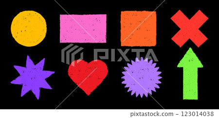 Geometric shapes drawn with crayon. Texture in the form of circle, square, rectangle and arrow. Grunge heart. Star figure. 123014038