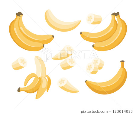 Banana set. Banana icons, half peeled and slice banana, bunch of bananas. Exotic sweet desserts.Tropical fruits, food illustration Banana set. Banana icons, half peeled and slice banana, bunch of bananas. Exotic sweet desserts.Tropical fruits, food illustration 123014053