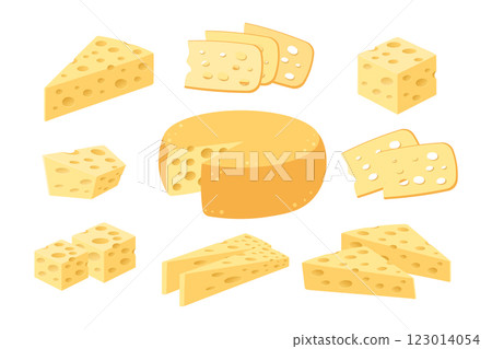 Cheese icons set. Swiss cheese wheel and slices. Cheese and pieces of cheese. Dairy food illustration 123014054