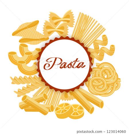 Round frame with different types of traditional pasta on white background. Italian pasta set, label, restaurant menu, background. Food illustration. Round frame with different types of traditional pasta on white background. Italian pasta set, label, restaurant menu, background. Food illustration. 123014060