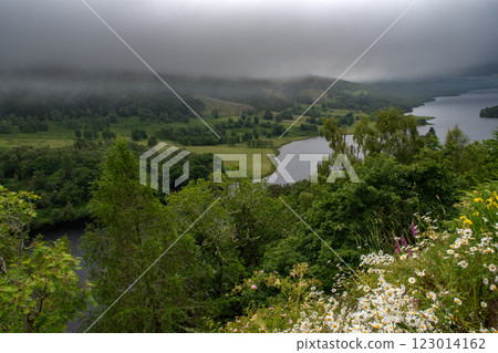 Panoramic View Over Loch Tummel And Tay Forest Park To The Mountains Of Glencoe From Queen's View Near Pitlochry In Scotland 123014162