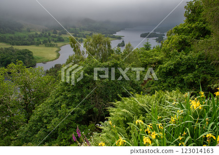 Panoramic View Over Loch Tummel And Tay Forest Park To The Mountains Of Glencoe From Queen's View Near Pitlochry In Scotland Panoramic View Over Loch Tummel And Tay Forest Park To The Mountains Of Glencoe From Queen's View Near Pitlochry In Scotland 123014163