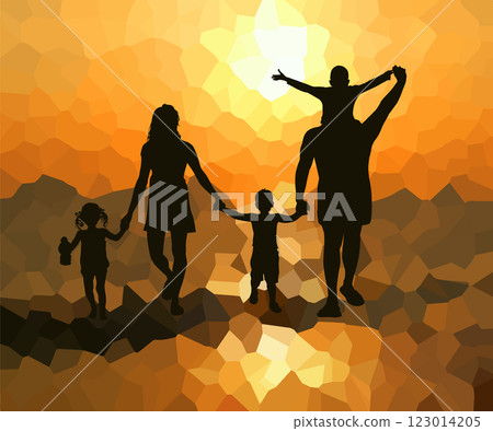 Family with children walk on a sunset. hand drawn. Not AI, Vector illustration 123014205