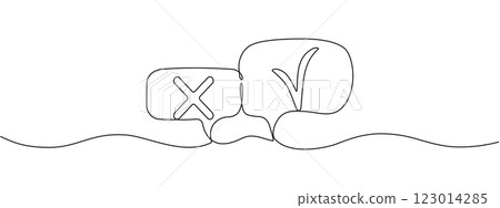 One continuous editable tick and cross line in speech bubbles. Voting symbol with check mark and cross in single line style. Vector illustration 123014285