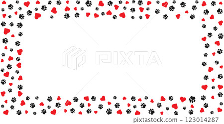 Rectangular frame with pet paw prints and bone and red heart with blank space for text. Silhouette border of dog or cat paw prints. Pet paw prints frame for decorating shop windows, websites. Vector Rectangular frame with pet paw prints and bone and red heart with blank space for text. Silhouette border of dog or cat paw prints. Pet paw prints frame for decorating shop windows, websites. Vector 123014287