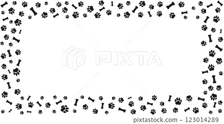Rectangular frame with pet paw prints and bone with blank space for text. Black silhouette track of dog or cat paw prints. Pet paw prints frame for decorating shop windows, websites, etc. Vector . 123014289
