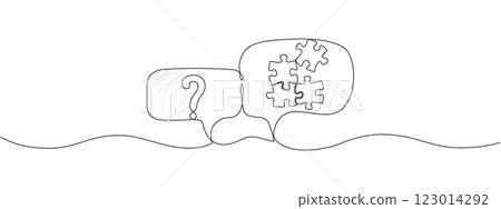Question puzzles in speech bubbles with one solid line. Concept problem solving, business solutions, education in simple linear style. Vector editable illustration 123014292