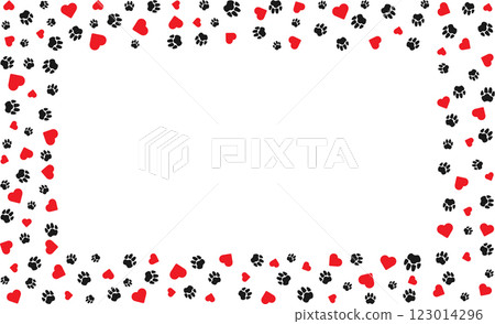 Rectangular frame with pet paw prints and bone and red heart with blank space for text Black silhouette track of dog or cat paw prints. Pet paw prints frame for decorating shop windows websites Vector 123014296