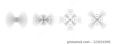 Set of vector rings with sound waves, broken lines and dots. Black rings with radial lines. Target icon, epicenter.  Concentric vortex circles. 123014300