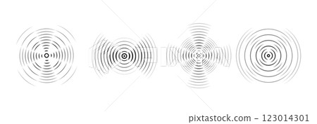 Set of vector black rings with sound waves, interrupted lines and dots. Rings with radial lines. Target icon, epicenter. Concentric vortex circles. 123014301