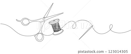 Continuous drawing of one editable line of scissors, thread spool and sewing needle. Sewing accessories icon for needlework and tailor , in simple linear style. Vector illustration. Continuous drawing of one editable line of scissors, thread spool and sewing needle. Sewing accessories icon for needlework and tailor , in simple linear style. Vector illustration. 123014305