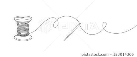 Continuous drawing of one editable line of thread spool and sewing needle. Sewing accessories icon for needlework and tailor , in simple linear style. Vector illustration. 123014306