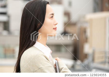 一座城市、一台電腦與一位女商人的圖像 123014355