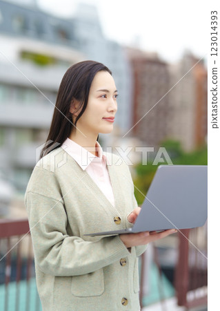 Image of a city, a computer and a businesswoman Image of a city, a computer and a businesswoman 123014393