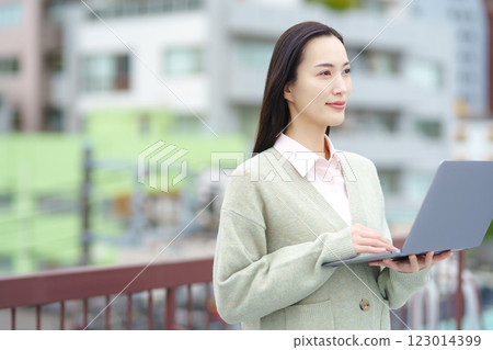 Image of a city, a computer and a businesswoman Image of a city, a computer and a businesswoman 123014399