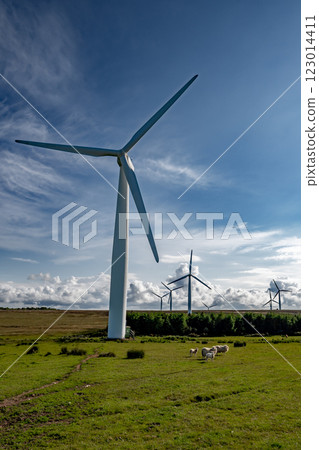 Rural Farmland Landscape With Sheep And Rotating Wind Turbines For Renewable Energy Production In Scotland, UK Rural Farmland Landscape With Sheep And Rotating Wind Turbines For Renewable Energy Production In Scotland, UK 123014411