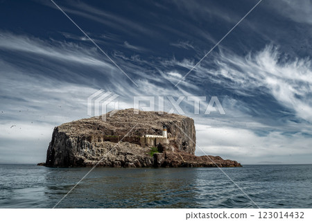 Bass Rock Island With Nesting Northern Gannets (Morus Bassanus) In The Atlantic Ocean Of Firth of Forth At North Berwick Near Edinburgh In Scotland, UK 123014432