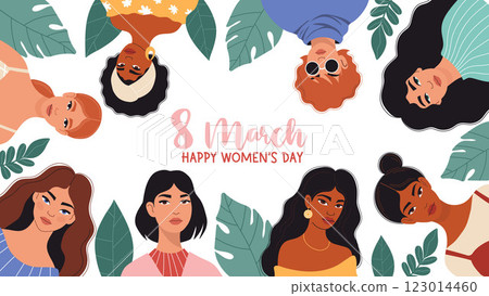March 8. International Women's Day illustration with diverse Women. Female Portrait with leaves on white background. Vector Holiday Horizontal poster 123014460