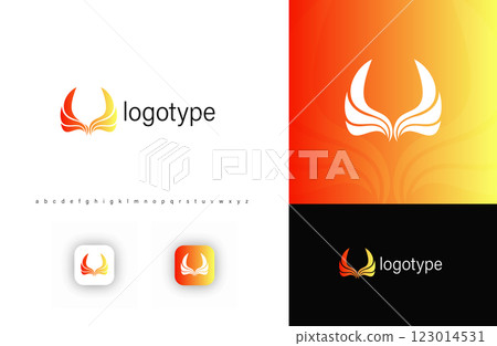 Abstract phoenix wing logo with flowing, fiery lines symbolizing power, transformation, rebirth. Ideal for technology, startups, consulting, leadership, security branding. Vector logo Abstract phoenix wing logo with flowing, fiery lines symbolizing power, transformation, rebirth. Ideal for technology, startups, consulting, leadership, security branding. Vector logo 123014531