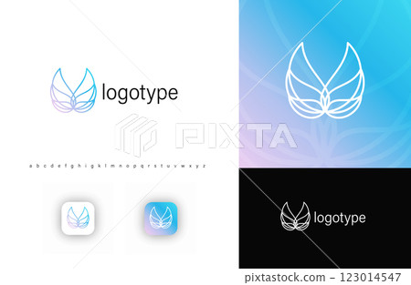 Elegant linear wing logo with delicate geometric lines symbolizing purity, harmony, wellness. Ideal for beauty, spa, holistic health, yoga, mindfulness, eco-friendly branding. Vector logo template 123014547