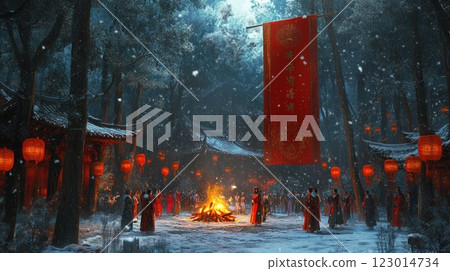 Snowy winter night festive gathering around bonfire in Asian temple courtyard. 123014734