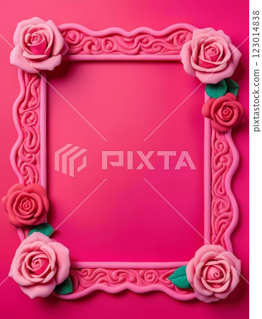 A decorative frame adorned with various shades of pink and red roses stands against a striking pink background, providing empty space for creative content or messages. Generative AI 123014838