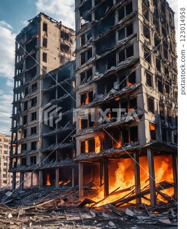 A multi-storey building stands engulfed in flames and thick black smoke, with debris scattered around, showcasing the aftermath of a devastating fire explosion in an urban setting. Generative AI 123014958