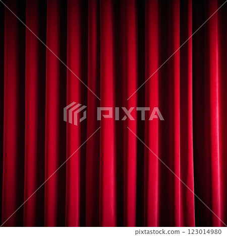 Curtain with soft smooth flowing folds. Deep red maroon color and luxurious texture create a dramatic and elegant atmosphere. Decoration and interior design. Expensive curtain made of rich fabric. AI 123014980