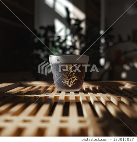 A beautifully designed artistic tea cup placed elegantly on a bamboo tray bathed in natural light 123015057