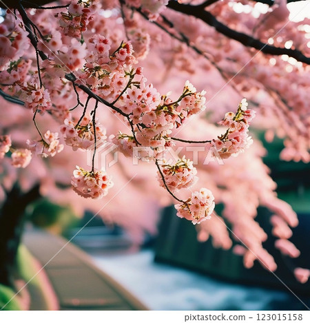 Sakura is blooming. Delicate pink cherry blossoms bloom beautifully on a tree branch during the spring season, filling the scene with vibrant colors and a sense of renewal in nature. Generative AI Sakura is blooming. Delicate pink cherry blossoms bloom beautifully on a tree branch during the spring season, filling the scene with vibrant colors and a sense of renewal in nature. Generative AI 123015158