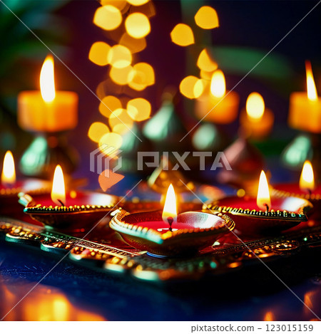 Colorful Diwali card showcases a beautifully designed diya lamp surrounded by ornamental patterns, celebrating the festival of lights with warmth and joy. Generative AI 123015159
