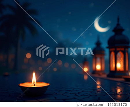Soft light from a beautifully designed Arabic lantern and a glowing candle creates a warm, inviting atmosphere perfect for Ramadan night festivities among Muslims. Generative AI 123015170