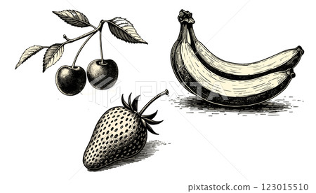 Set fruit Intricate vintage engraving in black and sepia tones with detailed linework, illustration Set fruit Intricate vintage engraving in black and sepia tones with detailed linework, illustration 123015510