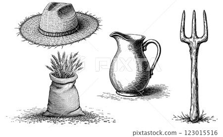 Vintage farm tools and accessories vector illustration in monochrome Vintage farm tools and accessories vector illustration in monochrome 123015516