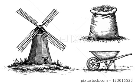 Windmill, cart, oat sack, and harvest gathering in monochrome vector illustration Windmill, cart, oat sack, and harvest gathering in monochrome vector illustration 123015523