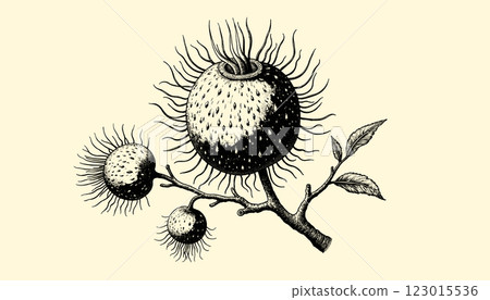 Intricate vintage Lychee engraving in black and sepia tones with detailed linework, illustration Intricate vintage Lychee engraving in black and sepia tones with detailed linework, illustration 123015536