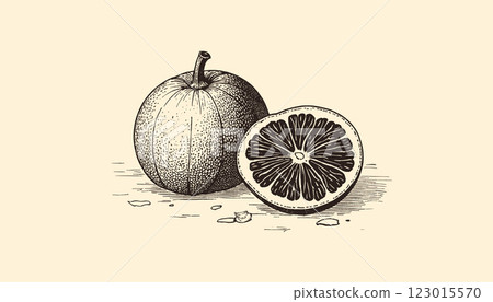 Intricate vintage orange engraving in black and sepia tones with detailed linework, illustration 123015570