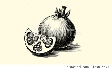 Intricate vintage banana engraving in black and sepia tones with detailed linework, illustration Intricate vintage banana engraving in black and sepia tones with detailed linework, illustration 123015574