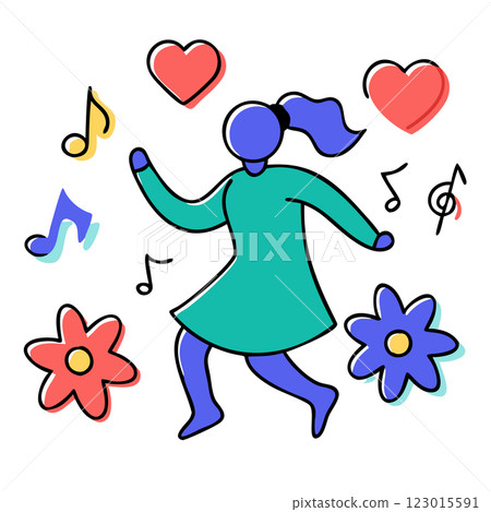 Joyful doodle of a dancing girl with music notes, hearts, and flowers. Joyful doodle of a dancing girl with music notes, hearts, and flowers. 123015591