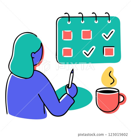 Woman planning schedule with checklist and coffee in colorful doodle style. 123015602