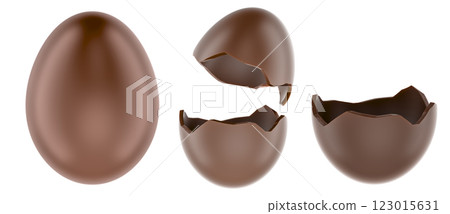 Chocolate Eggs. Whole, broken and half of chocolate eggs. 3D rendering Chocolate Eggs. Whole, broken and half of chocolate eggs. 3D rendering 123015631