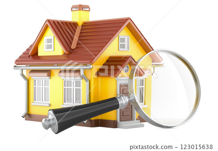 House with loupe. Finding a home to rent or buy, concept. 3D rendering House with loupe. Finding a home to rent or buy, concept. 3D rendering 123015638