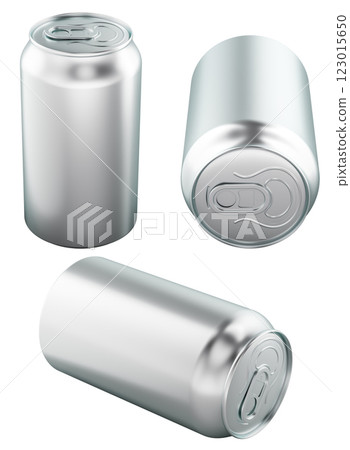 Blank metal drink cans. Different views and angles. 3D rendering Blank metal drink cans. Different views and angles. 3D rendering 123015650