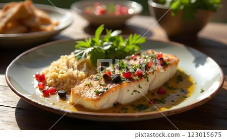 Grilled barramundi fillet with ptitim, cherry tomatoes, parsley and yellow sauce, white plate Grilled barramundi fillet with ptitim, cherry tomatoes, parsley and yellow sauce, white plate 123015675