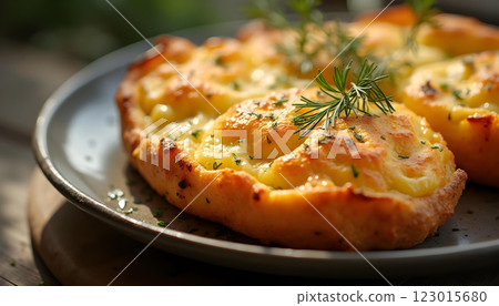 Janssons frestelse casserole with potatoes, onions, cream, and anchovies in a rustic setting 123015680