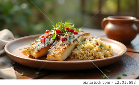 Grilled barramundi fillet with ptitim, cherry tomatoes, parsley and yellow sauce, white plate 123015698
