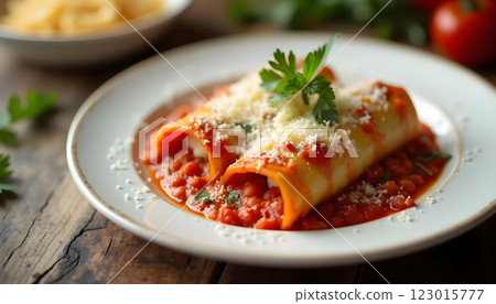 Plate of stuffed manicotti pasta with tomato sauce, parmesan, and fresh basil garnish 123015777