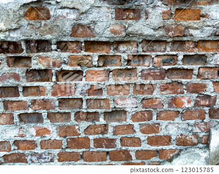 Textured Brick Wall Showcasing Varying Hues and Weathered Surfaces in an Urban Setting During Daylight Hours Textured Brick Wall Showcasing Varying Hues and Weathered Surfaces in an Urban Setting During Daylight Hours 123015785
