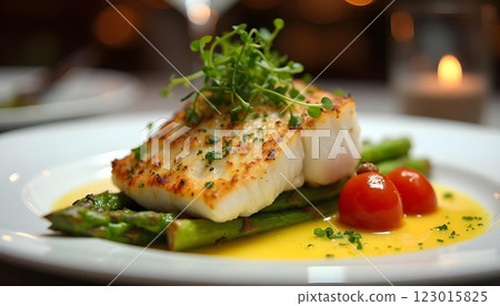 Grilled barramundi fillet with asparagus, cherry tomatoes, scallops, and yellow sauce, white plate Grilled barramundi fillet with asparagus, cherry tomatoes, scallops, and yellow sauce, white plate 123015825